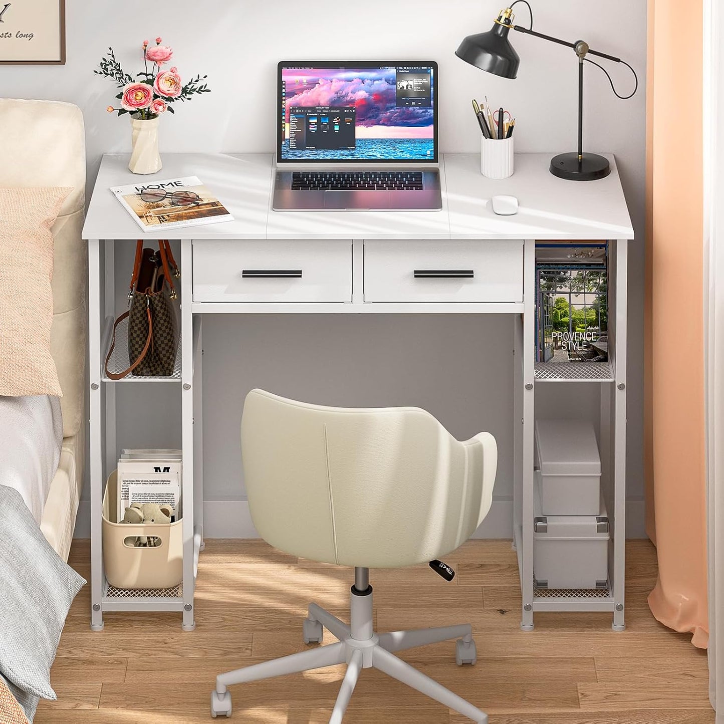 White Computer Desk with Drawers - 37.3 Inch Home Office Workstation | Compact Study Table for Small Spaces