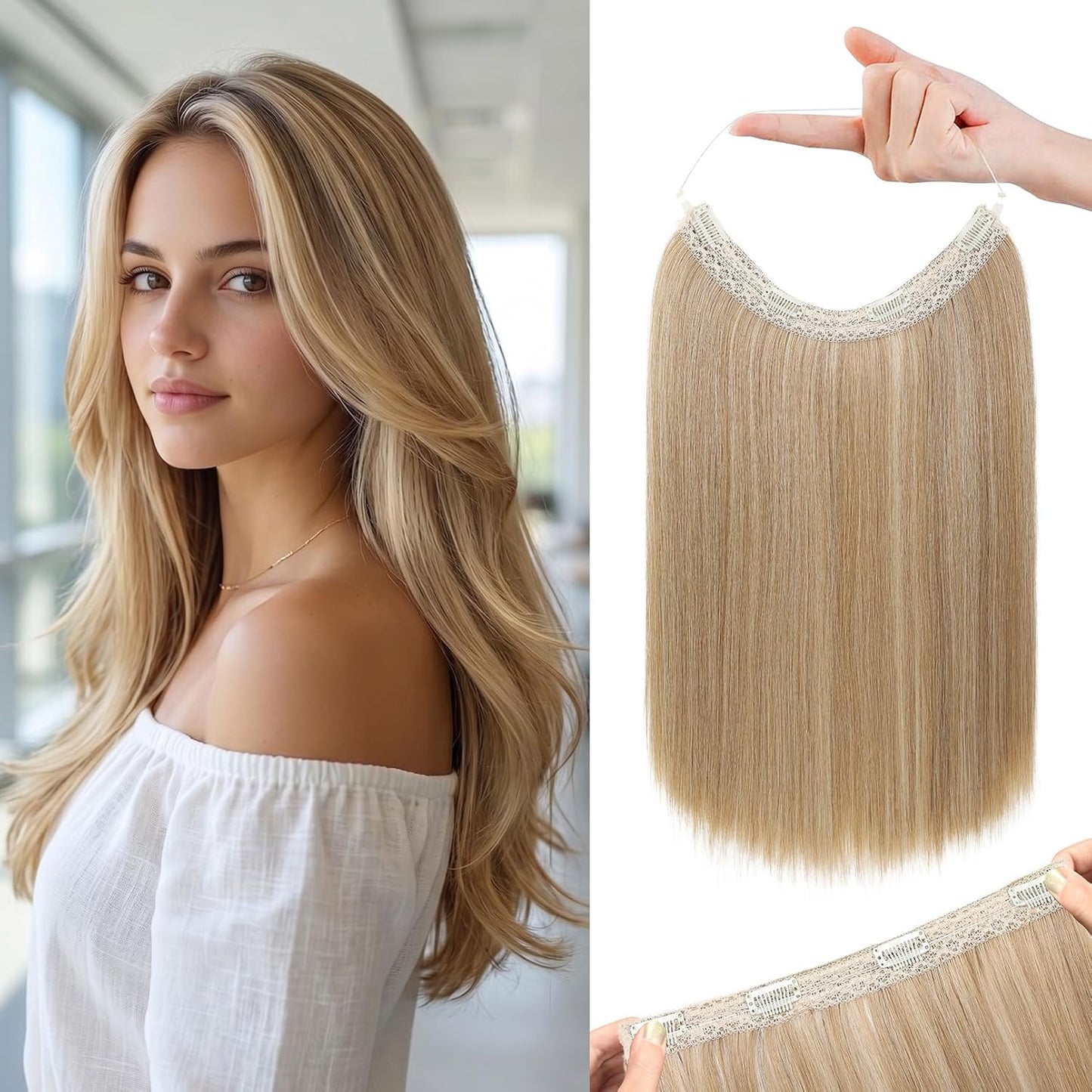 REECHO Invisible Wire Hair Extensions - Thinner Lace Weft, 12-Inch Short Straight Clips | Light Blonde