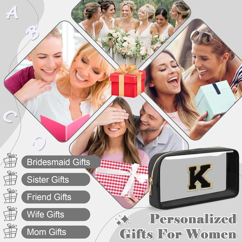 Personalized Initial Letter Clear Makeup Bag - Preppy Nylon & PVC Cosmetic Zipper Bag | Travel Toiletry Organizer for Teens & Women, Monogrammed Gift