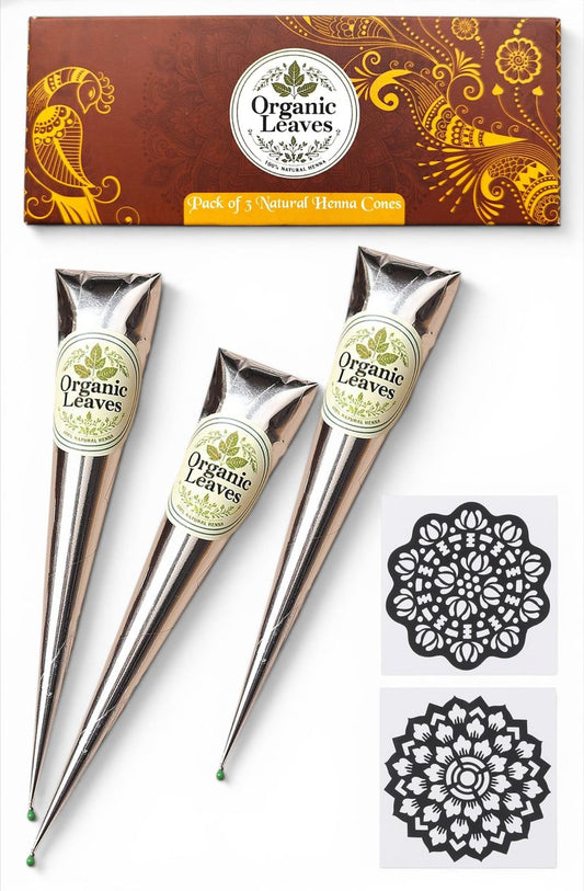 Organic Leaves - Henna Cones 3 × 30 g Pack | Made from 100% Natural Henna Leaves | Ready-to-Use, Pre-Filled Cones | 5-Stage Filtered for Rich, Long-Lasting Color | Chemical-Free & Premium Quality