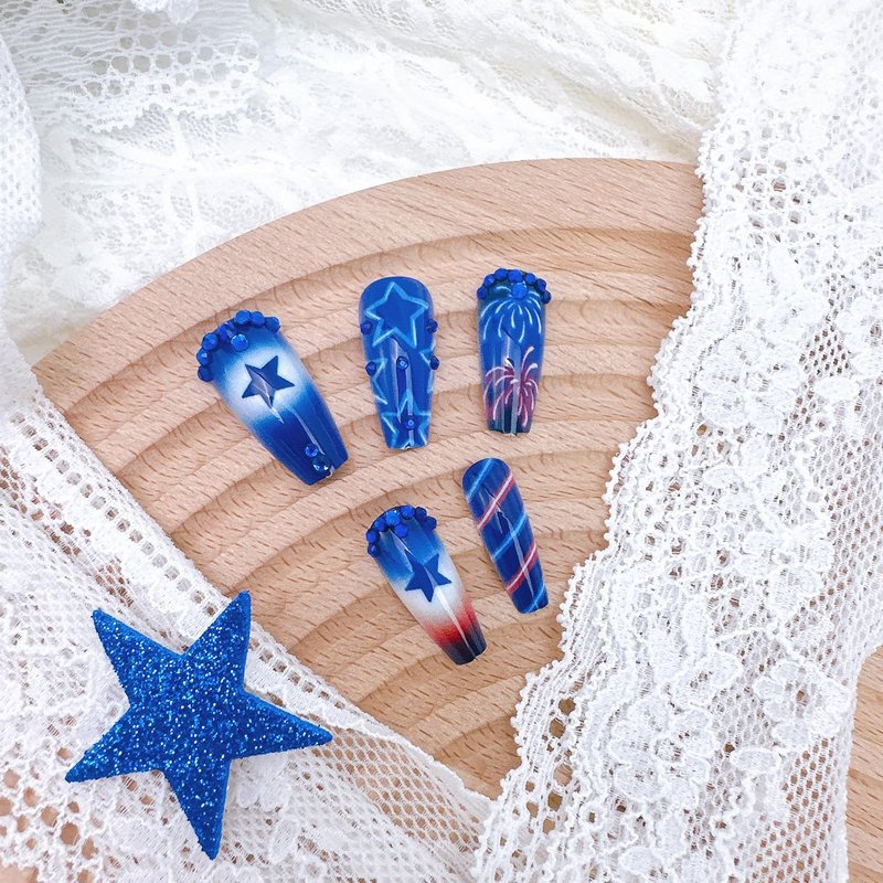 24Pcs 4th of July Press-On Nails - Medium Square Acrylic Nails with Blue Rhinestones & Patriotic Star Designs | Independence Day Full Cover