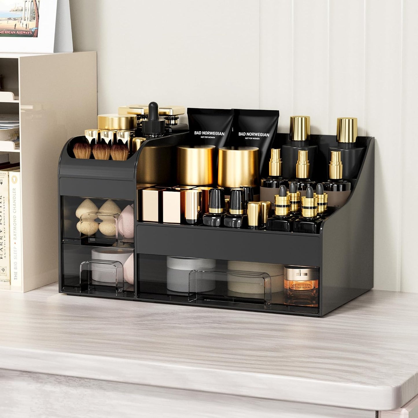 Large Makeup Organizer - Vanity Countertop Storage with Drawers & Brush Holder | Black