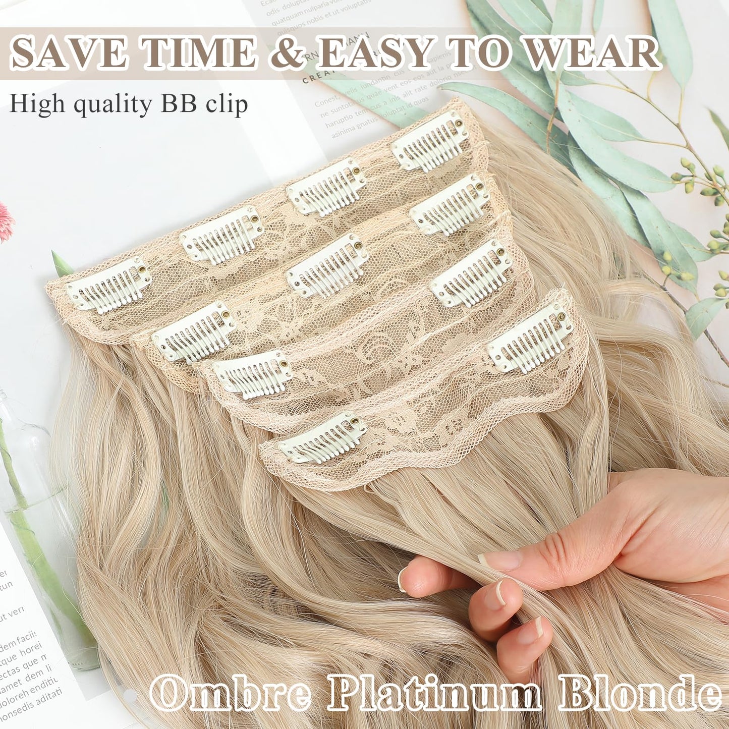 NAYOO Ombre Platinum Blonde Clip in Long Wavy Hair Extensions for Women 4PCS Curly Synthetic Thick Hairpieces with Fiber Double Weft Hair Full Head（20 inch, Ombre Platinum Blonde）