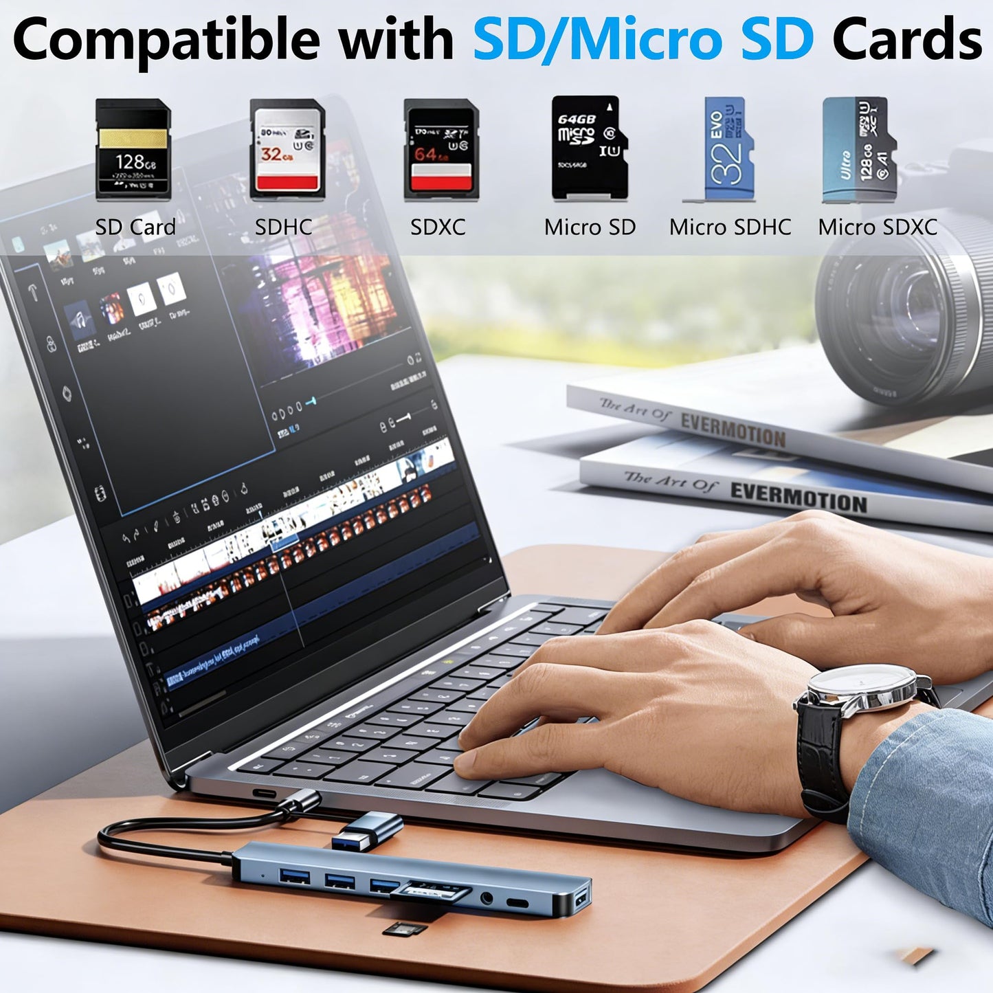 USB C Hub 3.0 Multiport Adapter with SD Card Reader Audio Jack 8 in 1 USB Extender Adapter for USB-C Laptops PC Tablet, 8in1