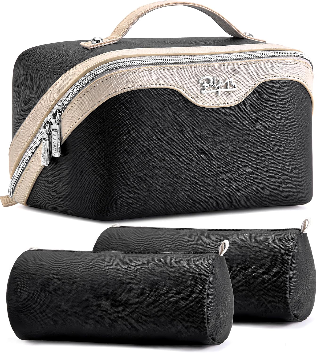 Travel Makeup Bags for Women - Large Capacity Vegan Leather Cosmetic Bag Set of 3 | Waterproof Toiletry Organizer (Royal Blue)