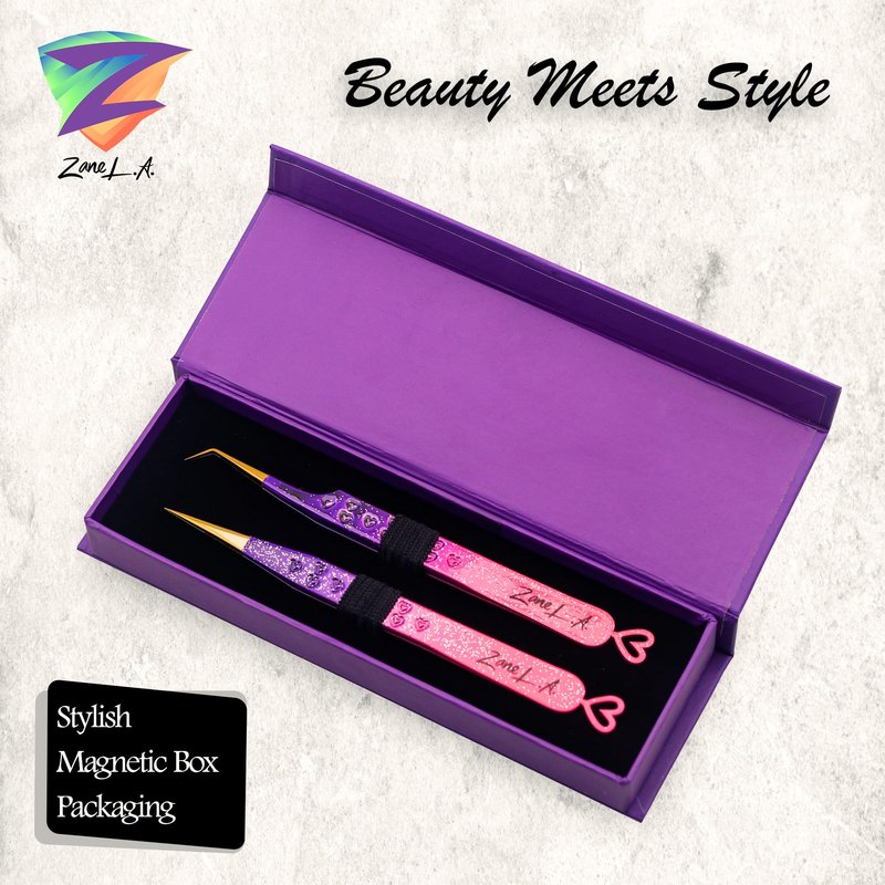 Zane L.A. Nano Fiber Tip Professional Eyelash Extension Tweezers, made with Japanese Stainless Steel, Unique Heart Design (Pink and Purple)
