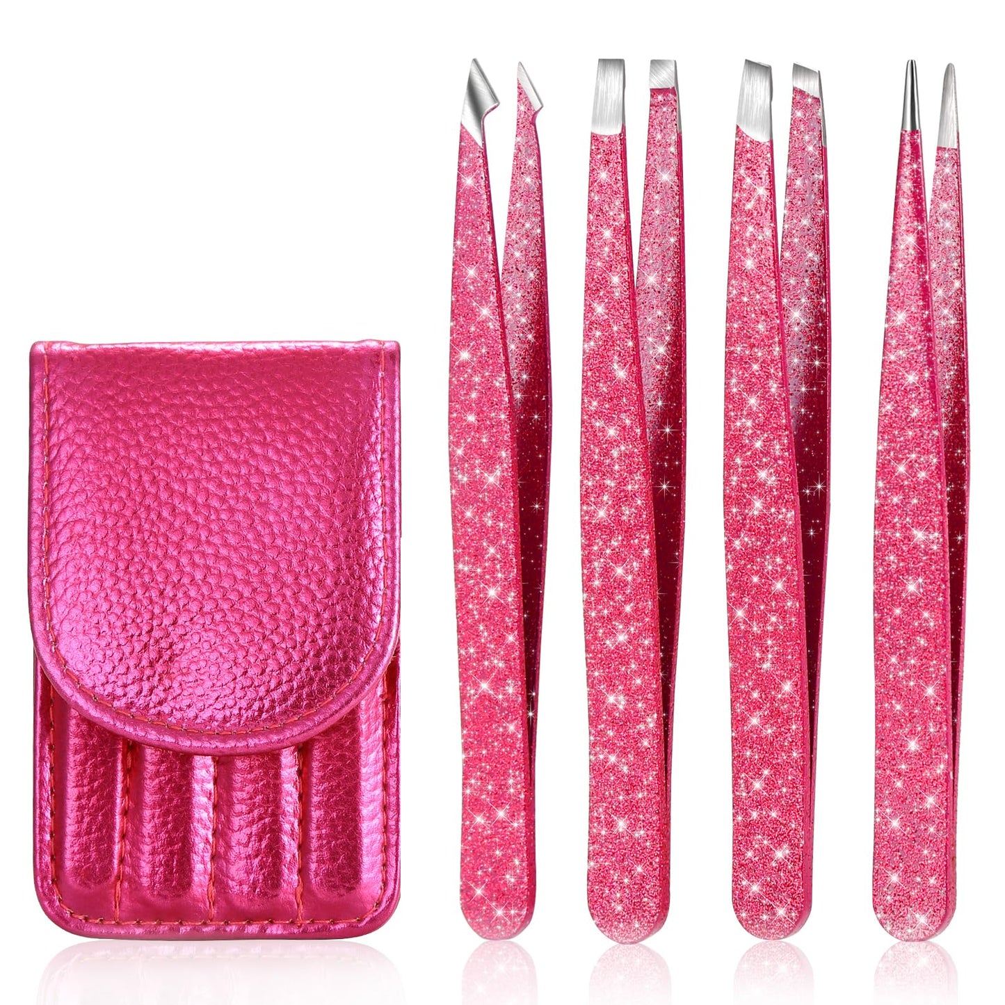 FungChoi 4-Pcs Glitter Stainless Steel Precision Tweezer Set for Eyebrows, Ingrown Hair & Lash Extensions (Rose Red)