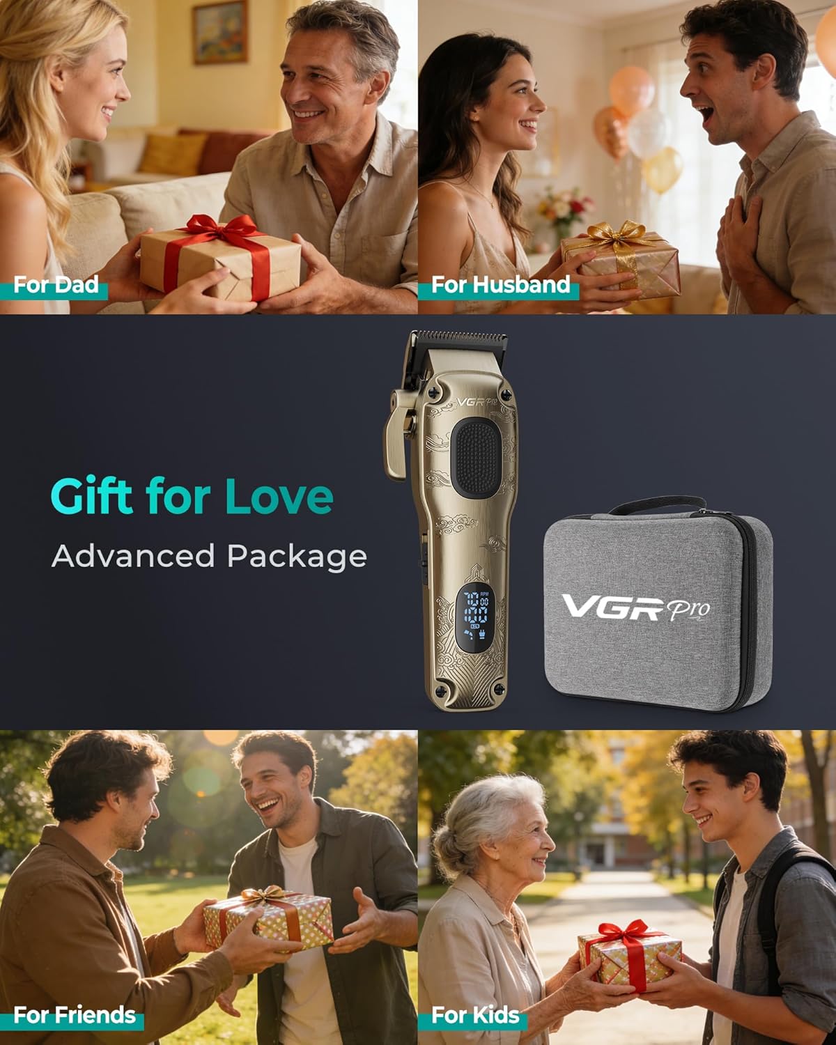 VGRPRO Hair Clippers for Men - Professional Cordless & Corded Grooming Kit | LED Battery Display, Golden Finish