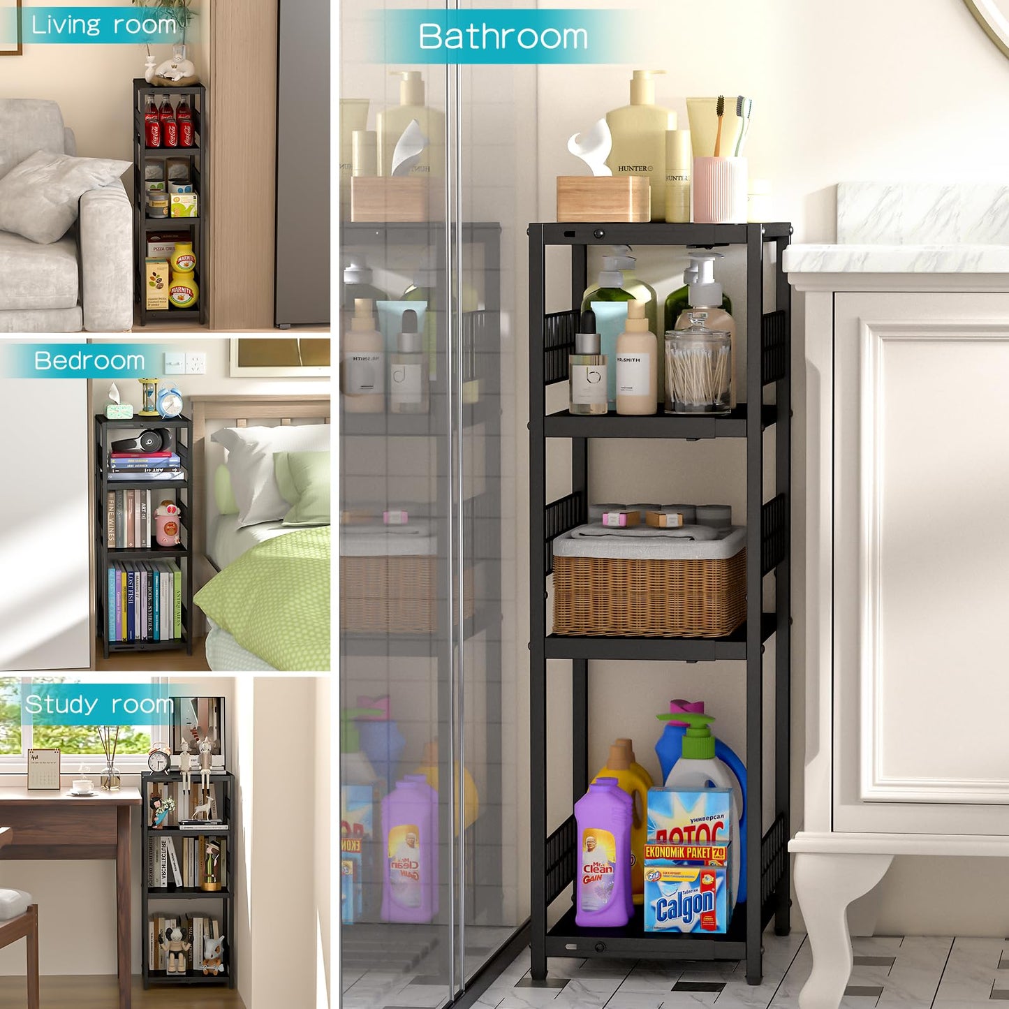 DAOUTIME Expandable Slim Storage Shelf, 4 Tier Metal Shelving Unit for Bathroom Storage Organizer, Freestanding Narrow Shelf for Small Spaces, Open Floor Shelves for Bathroom, Laundry Room, Kitchen