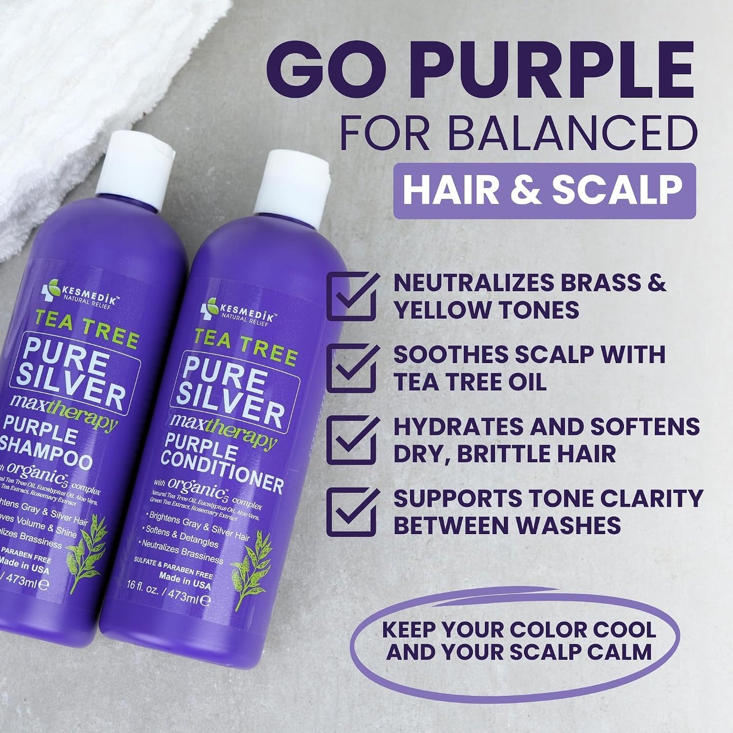 Tea Tree Purple Shampoo & Conditioner Set - Professional Anti-Brass Toner for Gray, Bleached & Blonde Hair | Sulfate-Free, Refreshes Scalp