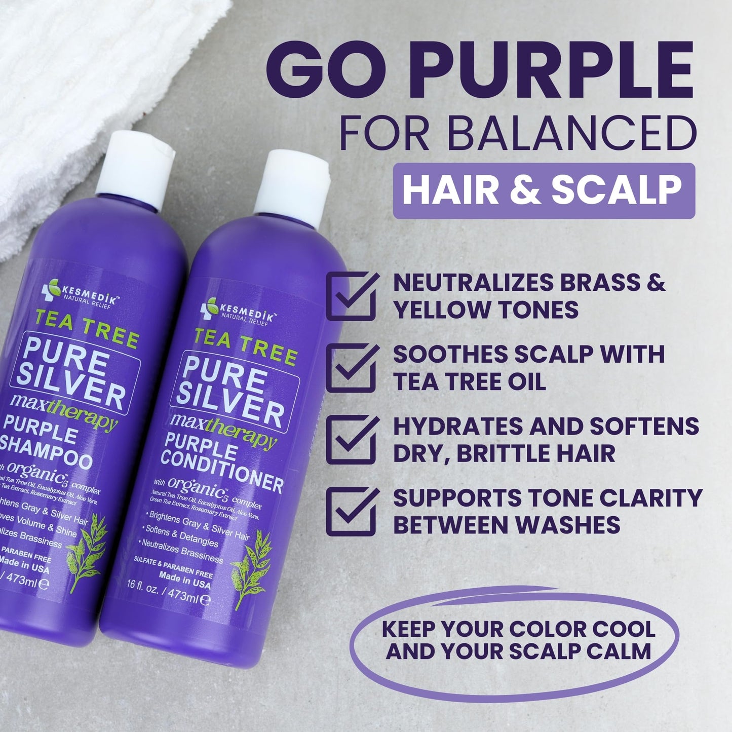 KESMEDIK Tea Tree Purple Shampoo & Conditioner Set with Rosemary & Aloe, Professional Anti Brass Toner, Removes Yellow Tones for Gray, Bleached, White & Blonde Hair, Refreshes Scalp, Sulfate-Free