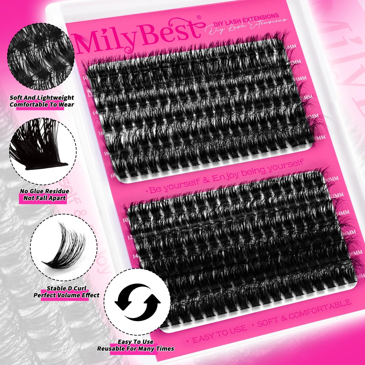 MilyBest Lash Clusters Kit 60D 80D Fluff Cluster Eyelash Extensions 10-18mm Individual Lashes Clusters D Curl Lash Extension Kit, Waterproof Thick Volume Eyelash Clusters with Bond & Seal, Tweezers