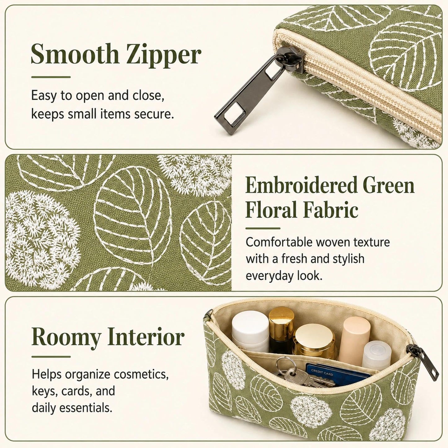 BBORGDC Small Cosmetic Bag Set of 3 for Purse, Green Floral Cotton Makeup Pouch Set, 3 Sizes Zipper Organizer for Travel & Toiletries, Gift for Her Birthday, Bridesmaid & Best Friend
