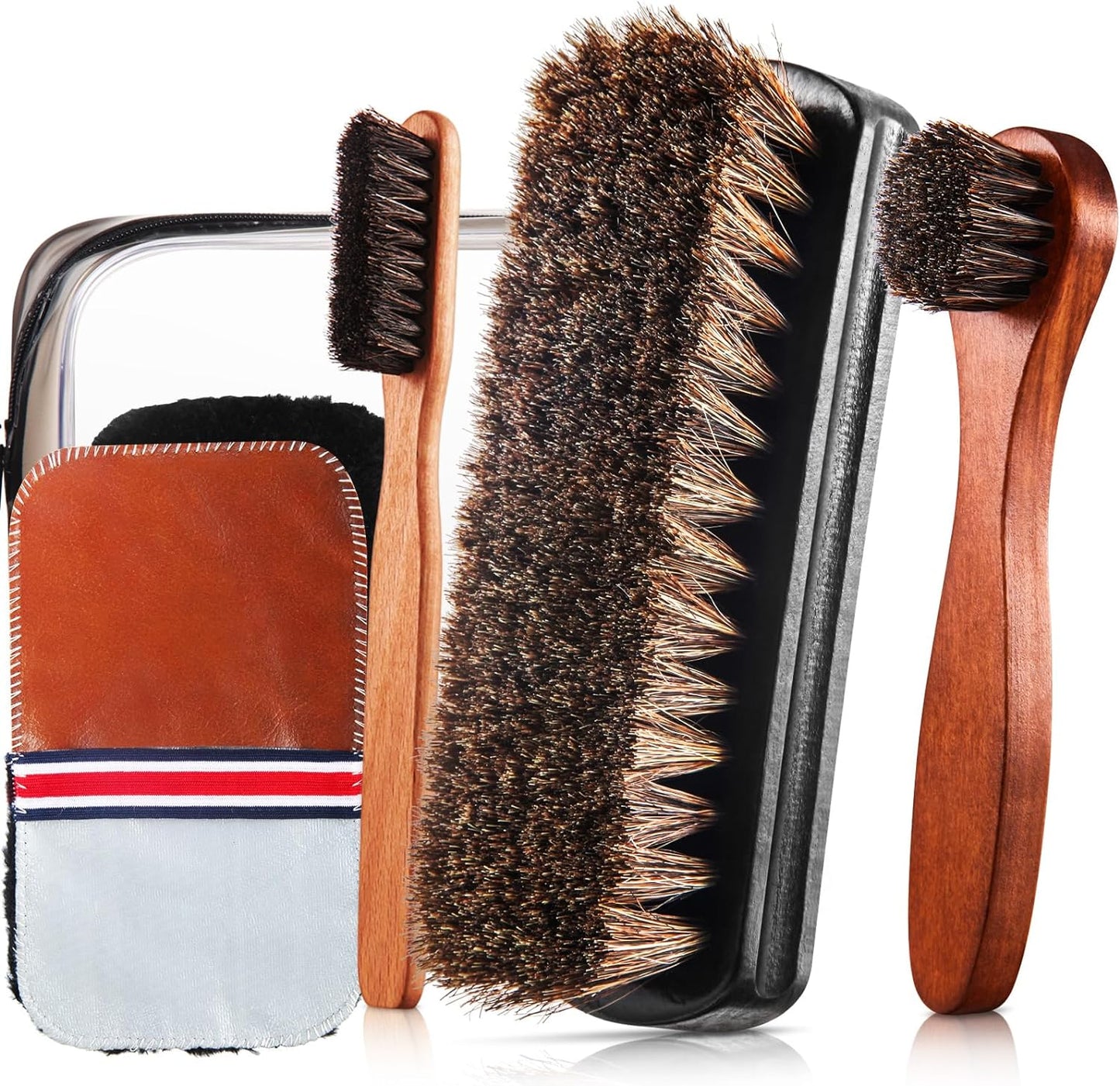 Horsehair Shoe Brush Kit - 4 Pcs Leather & Suede Cleaning Brushes with Microfiber Gloves | Shoe Care Essentials