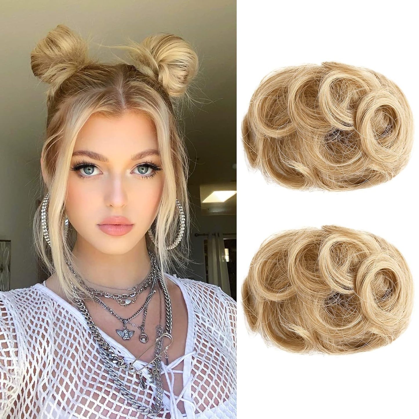 Mini Claw Clip Hair Bun Extensions - 2 PCS Messy & Cat Ears Updo Accessories | Golden Blonde Mix