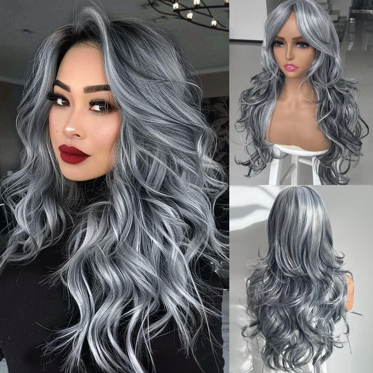 Long Black Wavy Wig for Women - Layered Synthetic Hair with Curtain Bangs | 24-Inch Natural Look