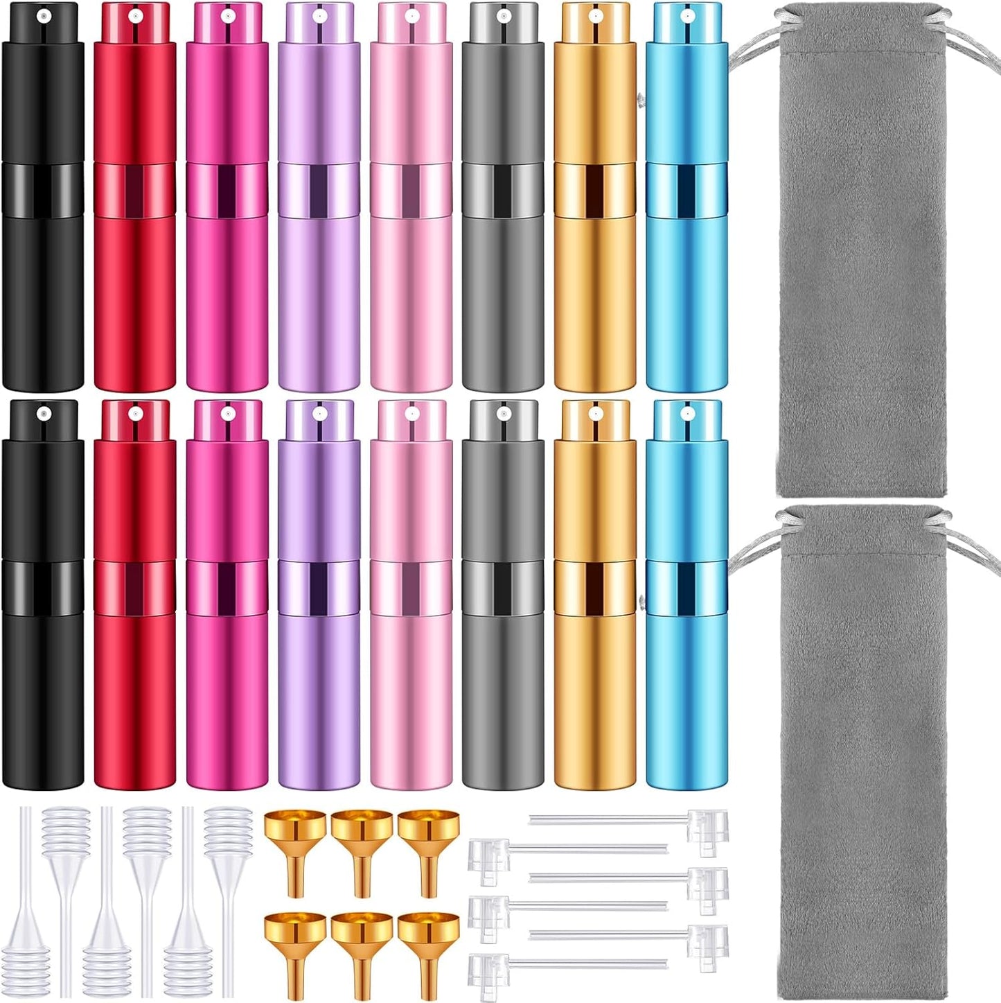Refillable Perfume Atomizer - 16 Pack 8ml Travel Spray Bottles with Funnel | Portable Mini Cologne Sprayers (Multicolor)