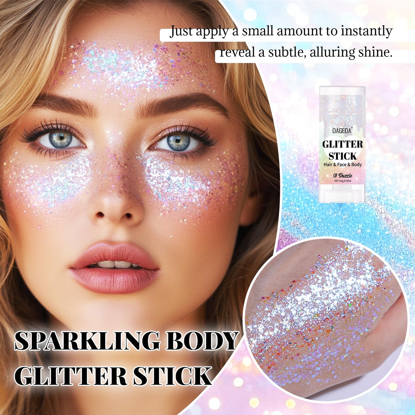 DAGEDA Dazzle Body Glitter Stick,Sparkly Face Glitter Makeup,Holographic Hair Glitters Mermaid Makeup Rave Outfits for Women, Shimmer Face Paint Stick Singer Concert Accessories