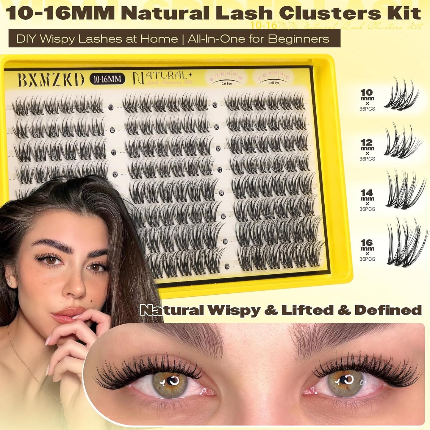 Natural Lash Clusters Kit - Wispy Eyelash Extensions with Invisible Band | 10-16mm C Curl, DIY Set with Bond & Tweezers
