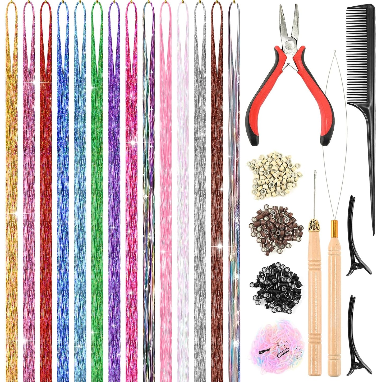 12 Colors Hair Tinsel Kit - 48 Inch Heat Resistant Hair Extensions | 3600 Strands Sparkling Glitter for Festivals & Parties