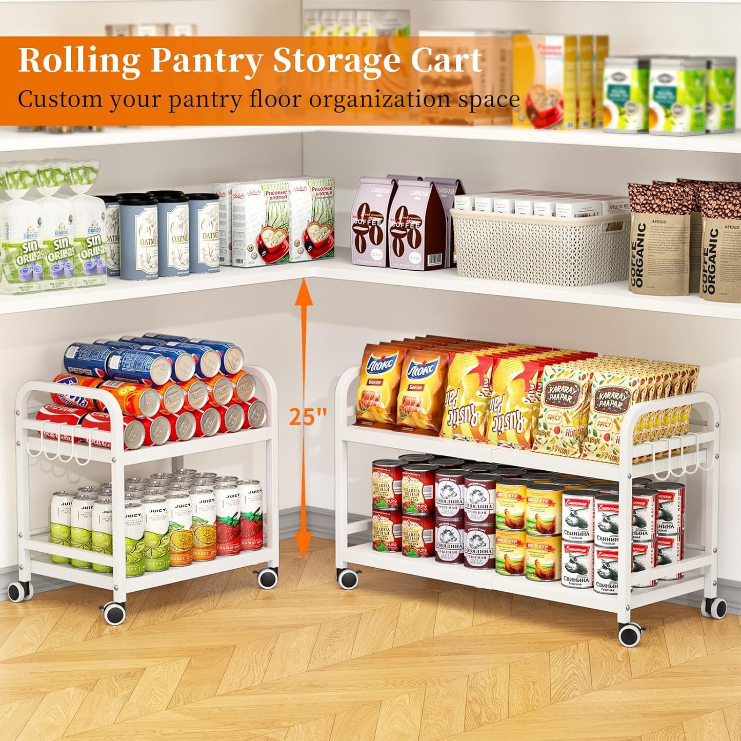 Expandable Rolling Cart - 2-Tier Metal Pantry Storage Organizer with Wheels | Adjustable Under Desk Cart for Kitchen