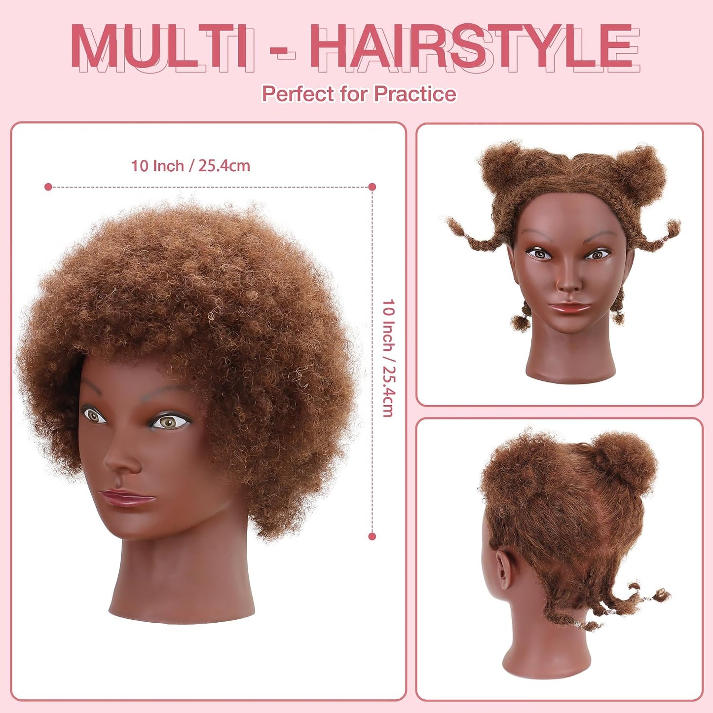 Afro Curly Mannequin Head - 100% Human Hair Cosmetology Doll for Hairdressing Practice | 10'' Brown with Clamp Holder