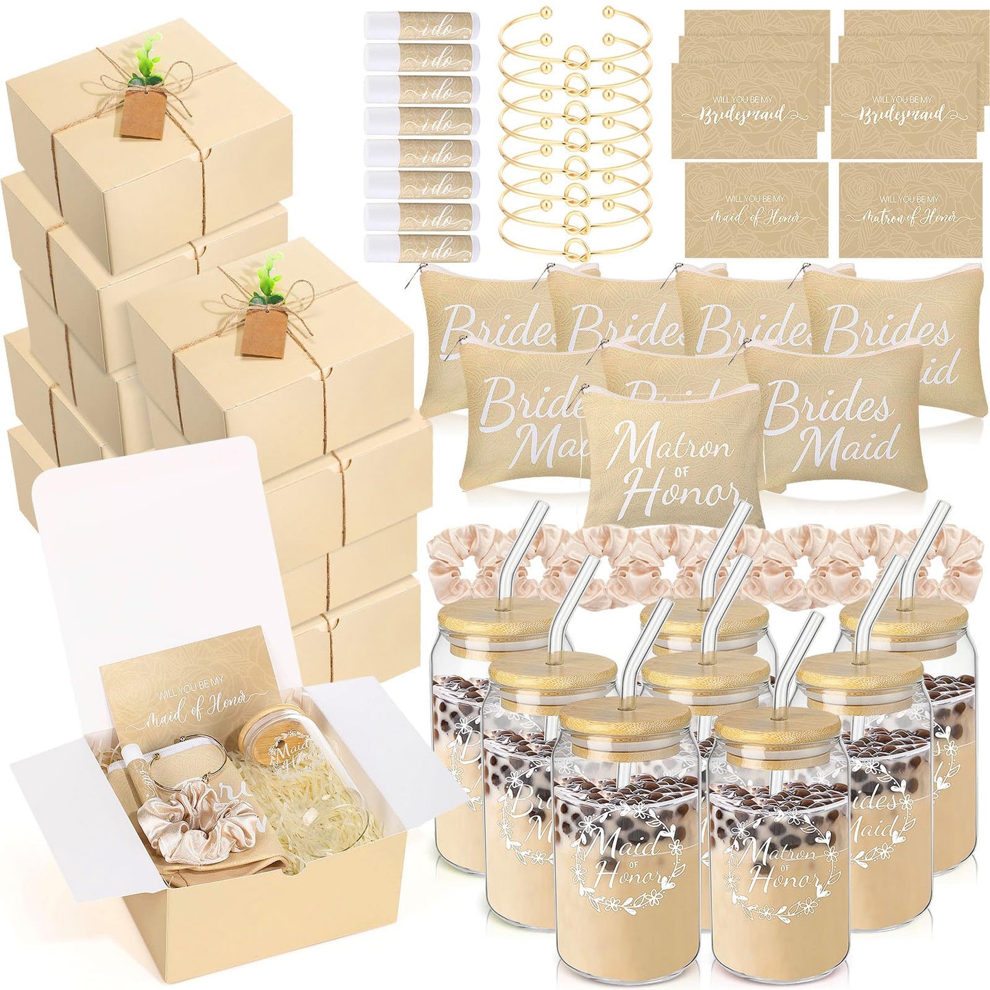 FillTouch 72 Pcs Bridesmaid Proposal Gifts, Will You Be My Bridesmaid, Maid and Matron of Honor Gift with Gift Box Glass Cup Makeup Bag Cards Lip Balm Hair Scrunchie Bracelet Wedding Day(Beige Color)
