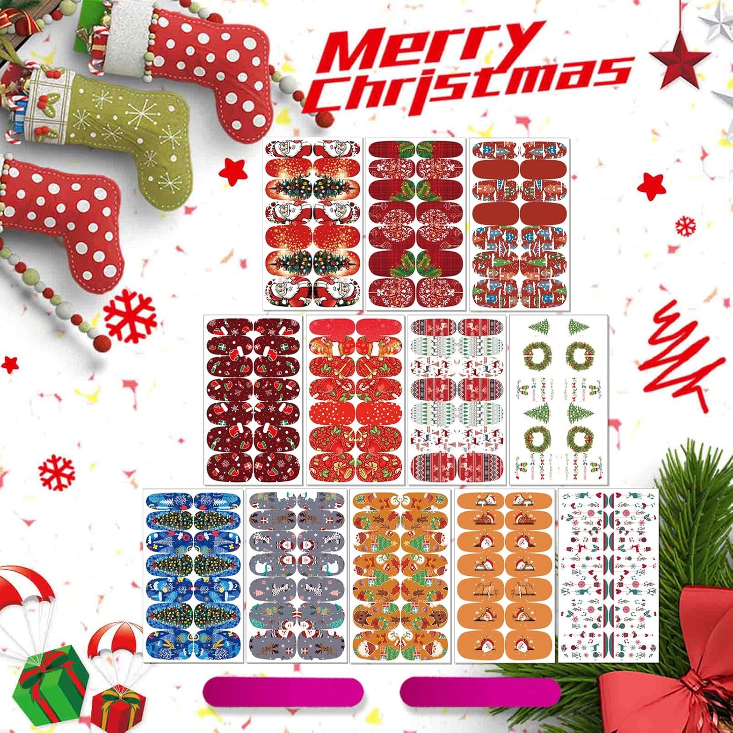 Christmas Nail Wraps - DIY Self-Adhesive Nail Art Stickers with Santa & Snowflake Designs | 12 Sheets & 2 Nail Files
