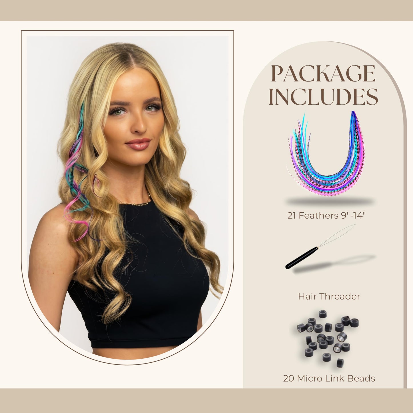 21 Purple Pink & Turquoise Color Hair Extensions – 9”–14” Long – DIY Rooster Kit with 20 Micro-Link Beads – 100% Real Feathers – Eye-Catching Boho Style