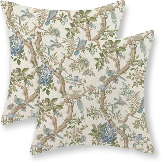 Chinoiserie Pillow Covers - Set of 2 Blue Green Bird Floral Throw Pillows | Vintage 18x18 Outdoor Cushion Cases for Home Decor