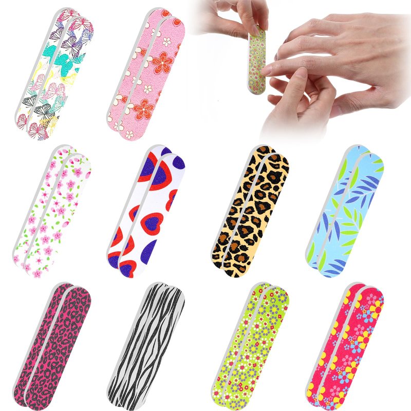 PEOVLVN 20Pcs Mini Nail Files Bulk Emery Boards for Acrylic & Natural Nails Colorful Floral Double Sided Mini Nail Buffer Manicure Tools for Women Girls Home and Salon Use