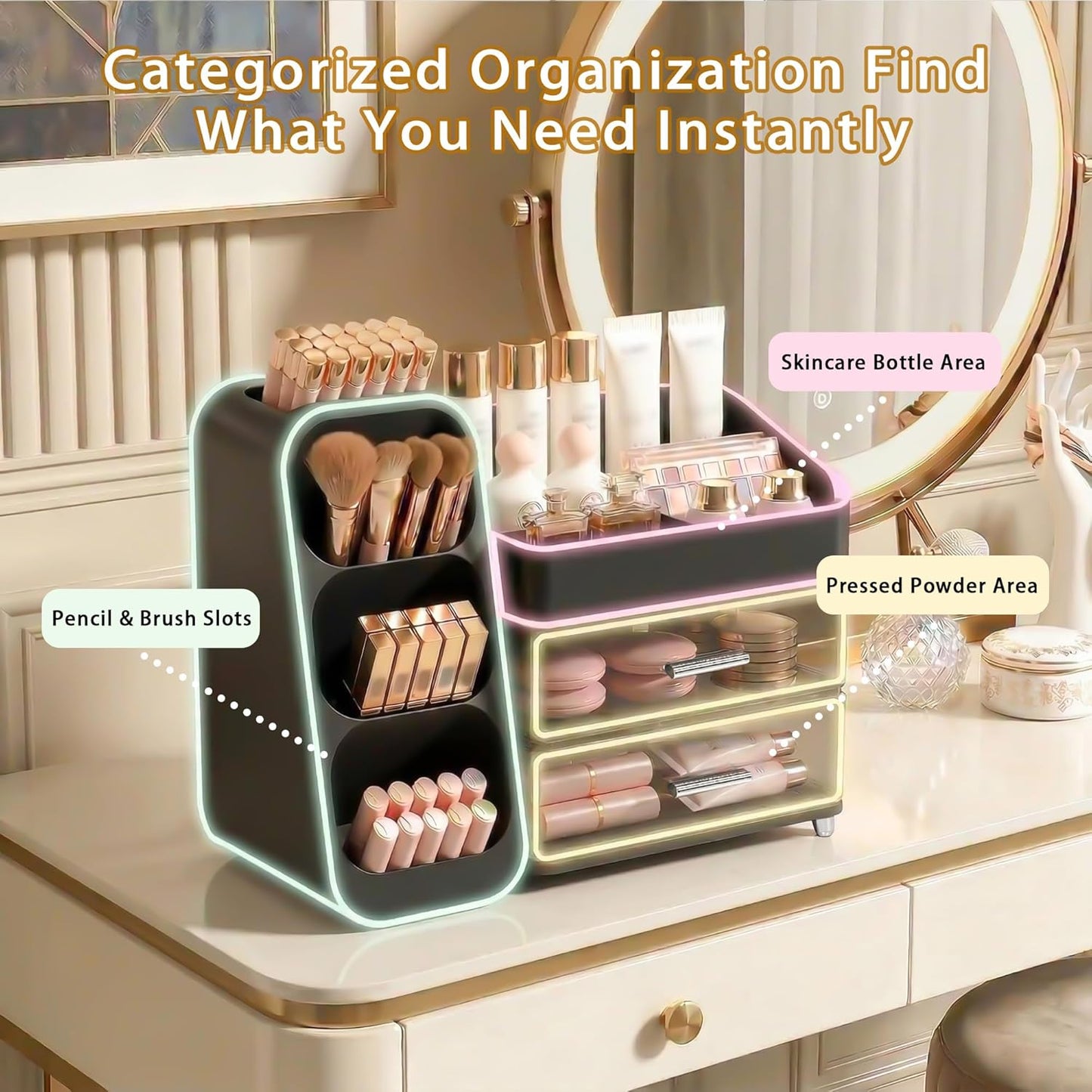 Large Capacity Makeup Organizer - Thickened Material Countertop Storage for Vanity | Black, Ideal Gift for Teen Girls