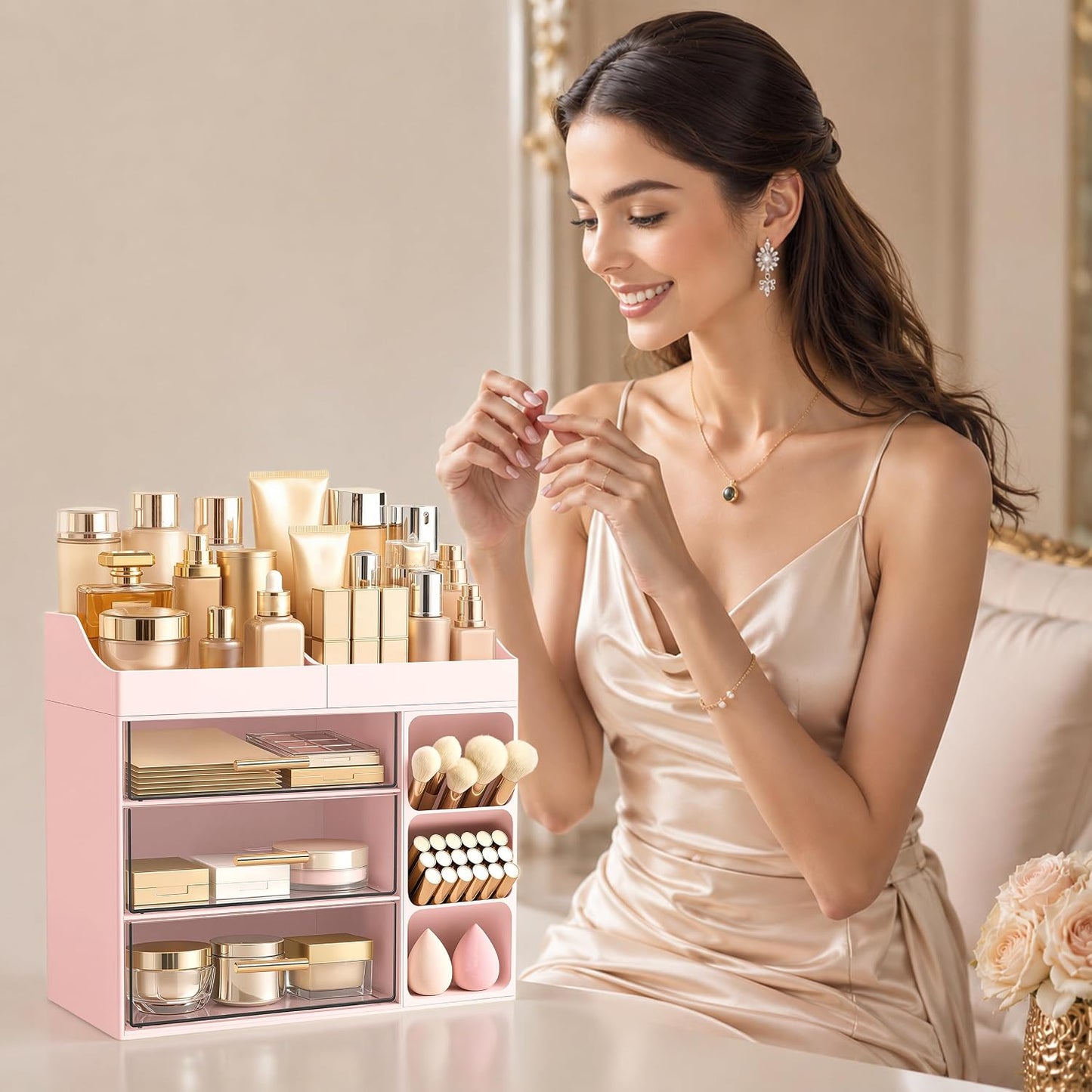 Makeup Organizer with Brush Holder - Large Bathroom Countertop Storage | Pink Dresser Organizer for Vanity