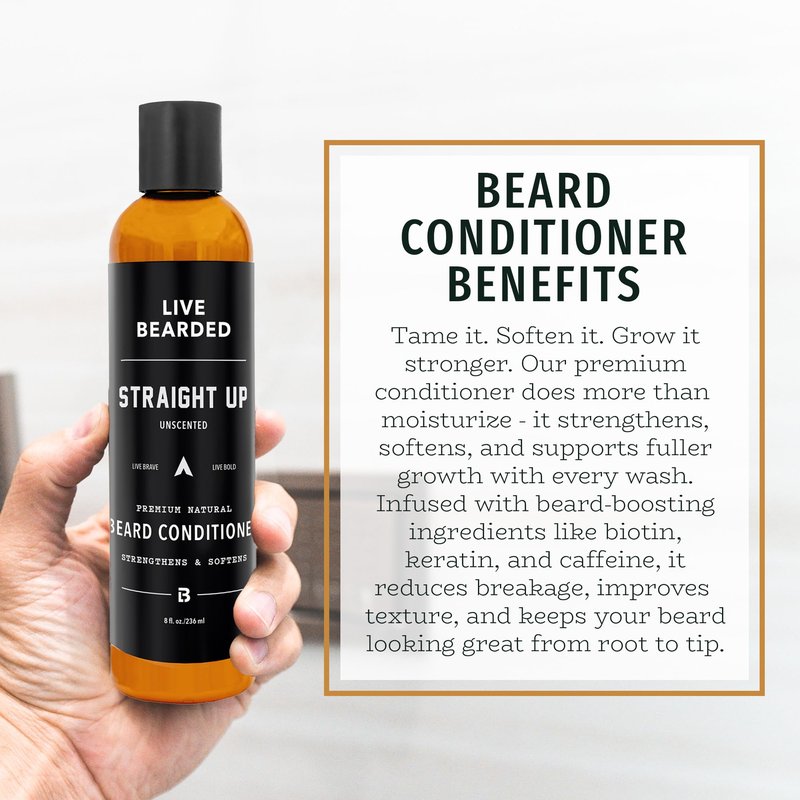 Live Bearded Beard Conditioner, 8 fl oz - Strengthens and Softens Facial Hair - Made in the USA - All-Natural Ingredients with Biotin, Caffeine | Straight Up Unscented - Fragrance-Free