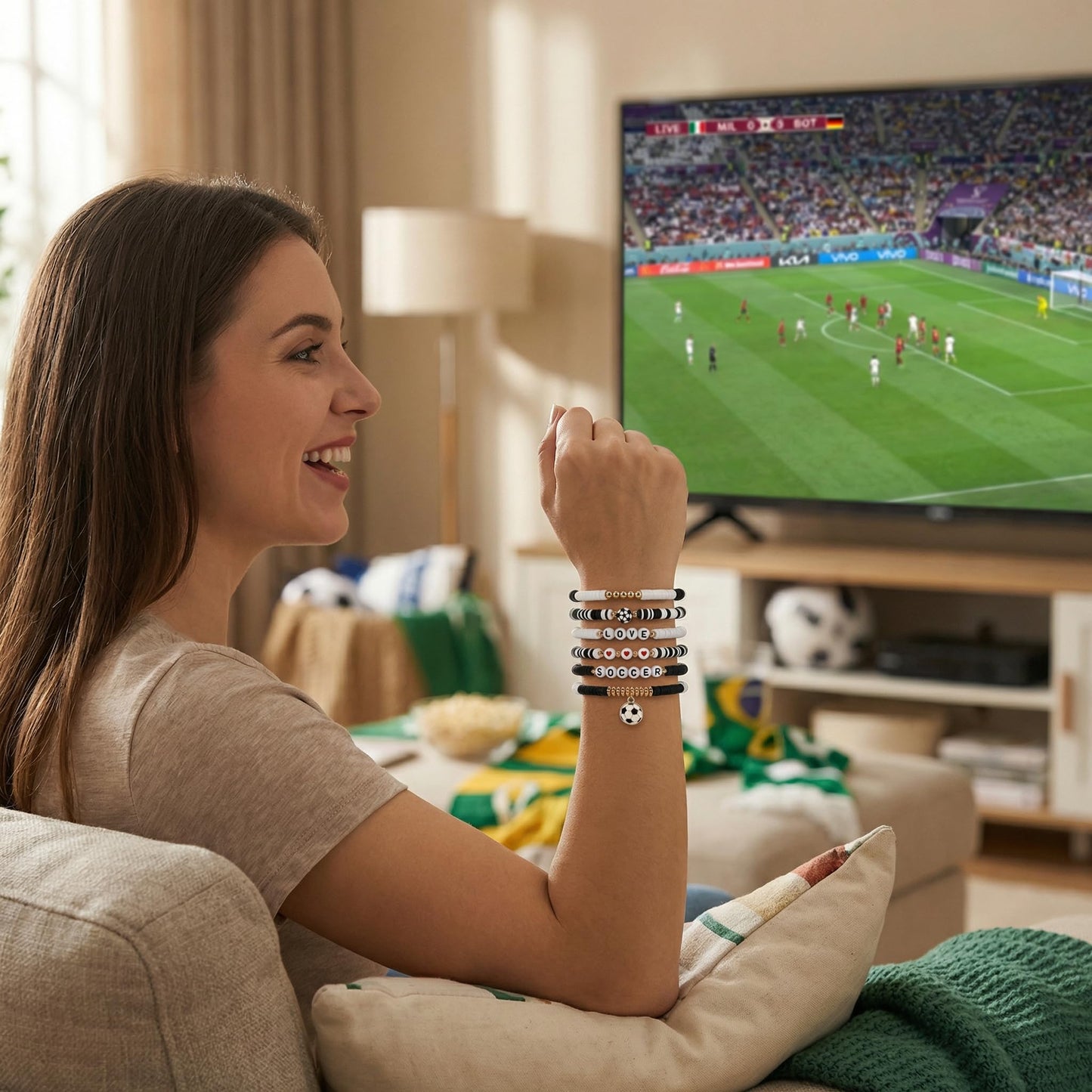 Poasrelax World Soccer Game-day Cup Bracelet Stack Set 7pcs Softball/Baseball/Basketball/Soccer/Volleyball/Tennis/Football Stretch Sports Fans Jewelry Sports Beaded Bracelets with Charms