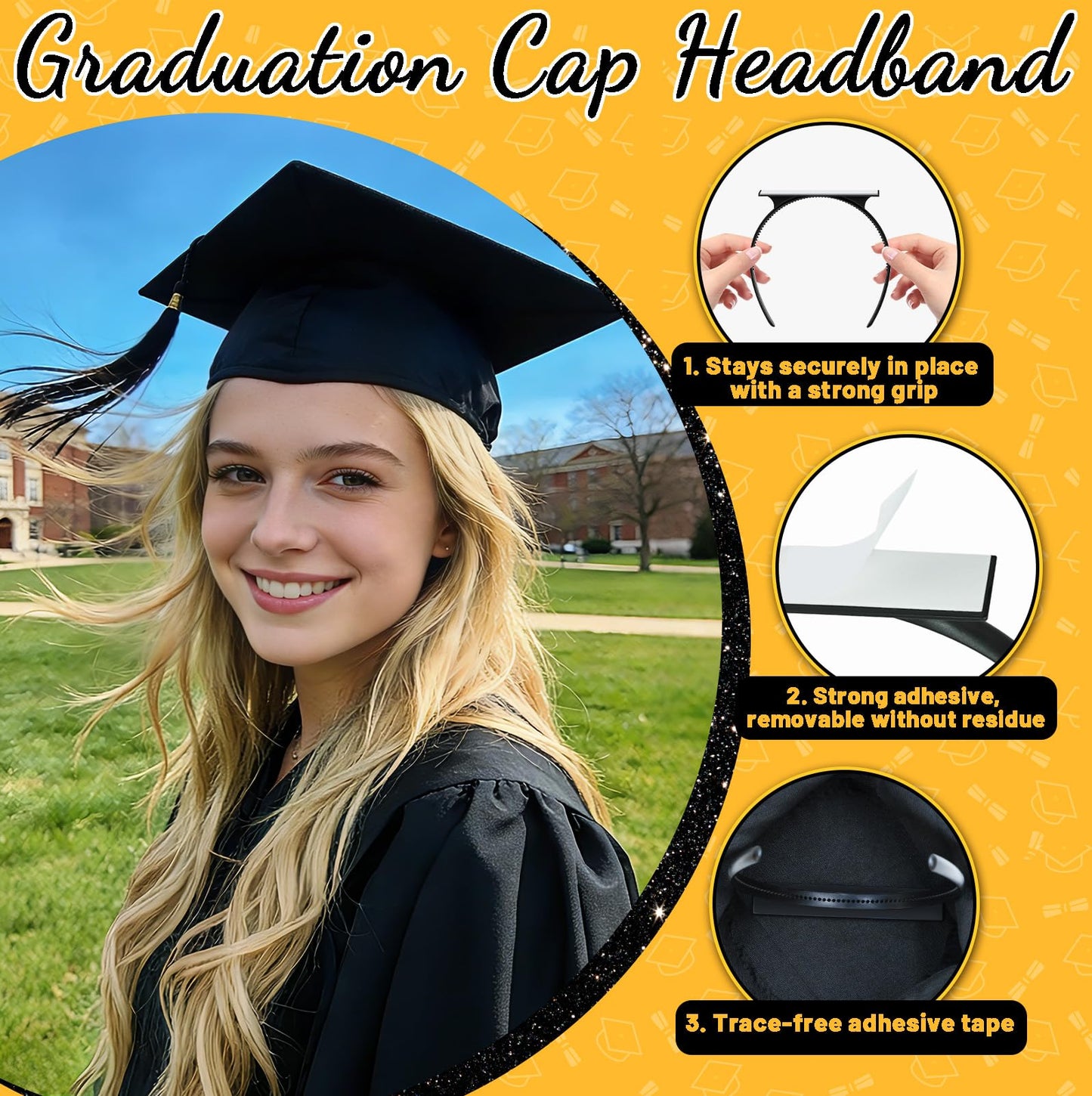 Pirekul Graduation Cap Headband Insert, Grad Cap Headband Holder - Secures Your Graduation Caps & Keeps Hairstyle, Hat Accessories for Graduates, Students, Women
