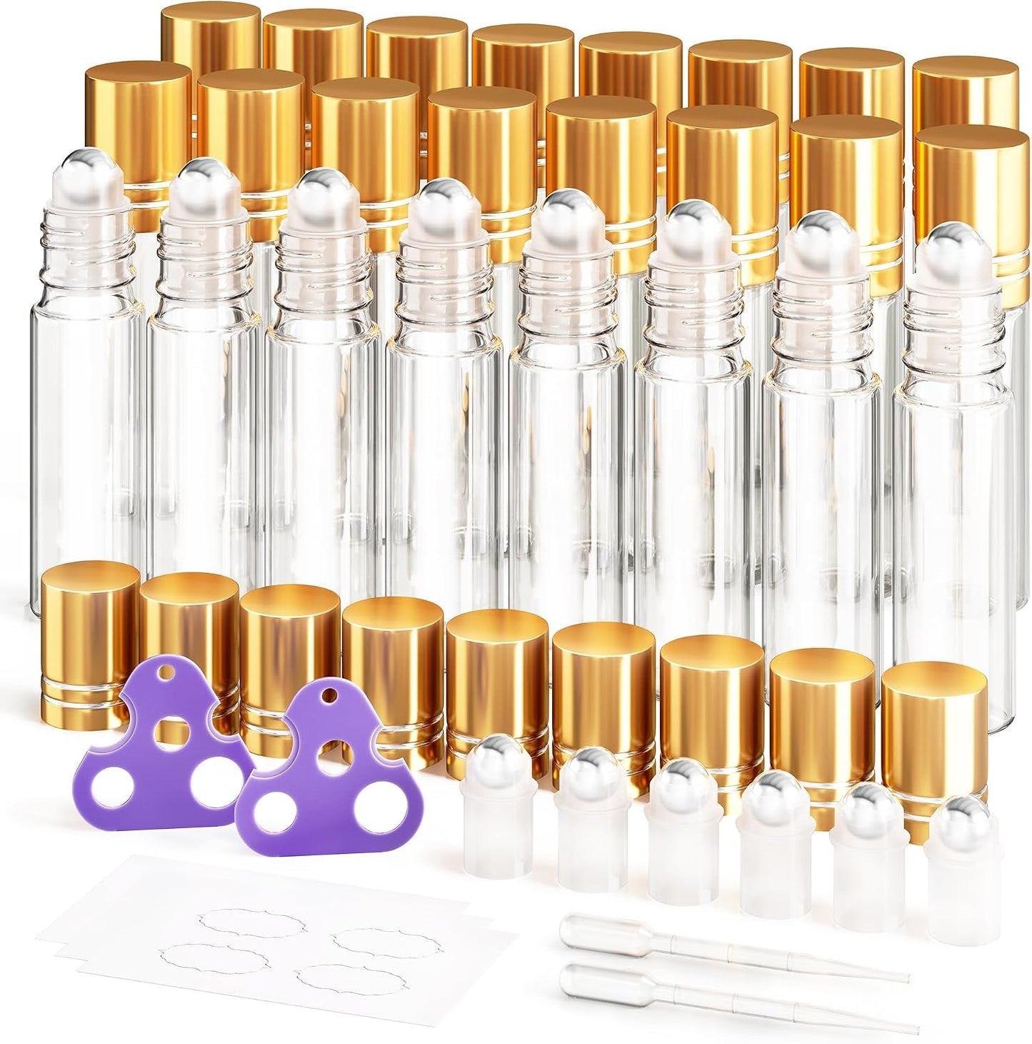 Essential Oil Roller Bottles - 48-Pack 10ml Amber Glass with Stainless Steel Roller Balls | Waterproof Labels