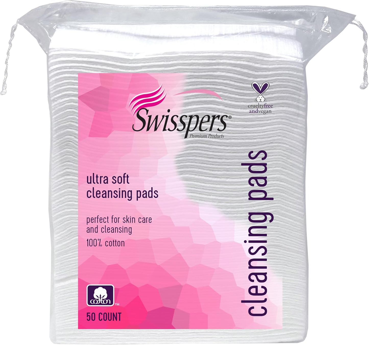 Swisspers Facial Cleansing Cotton Pads | 100% Natural Fiber, Ultra-Soft, 50 Count (Pack of 6)