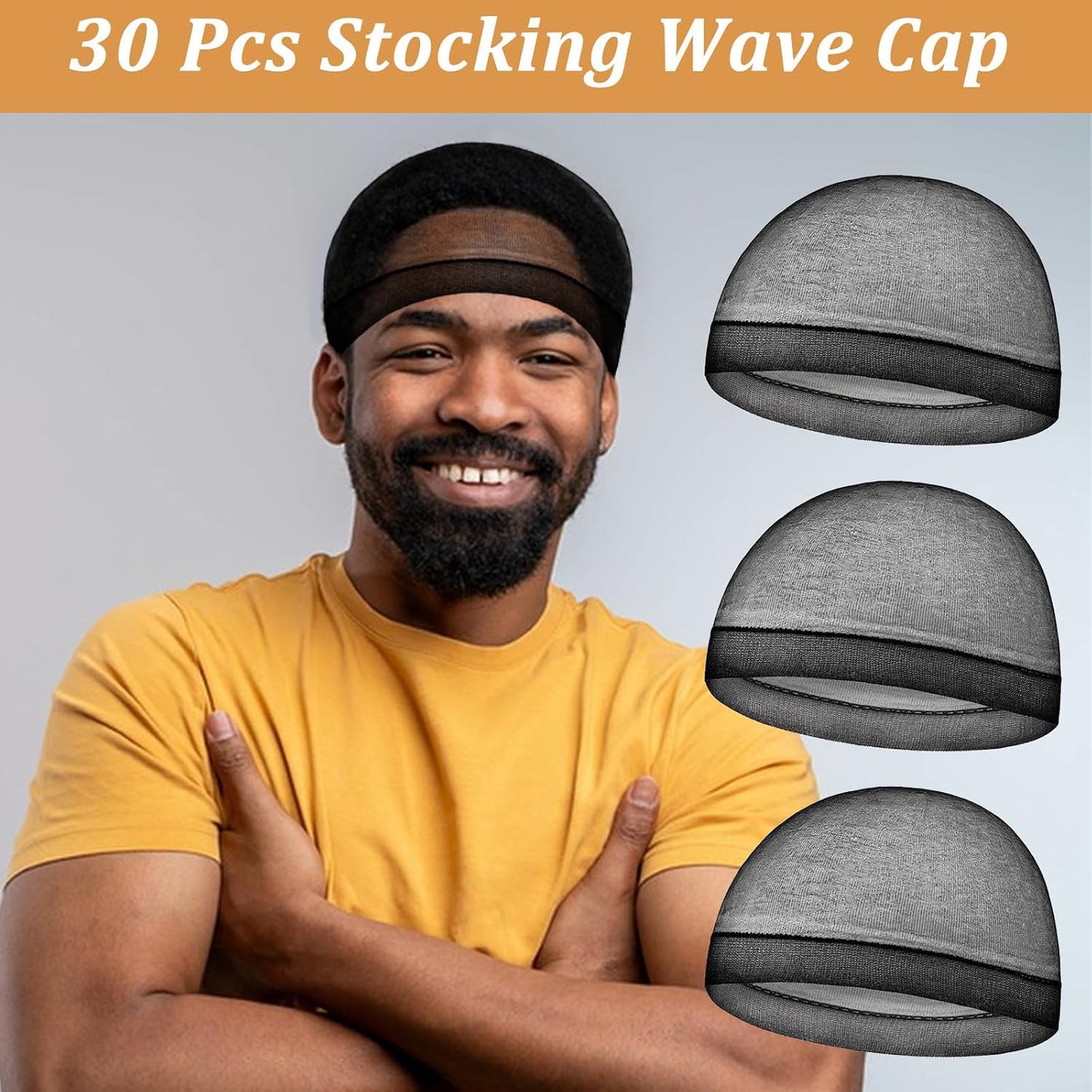 Stocking Wave Cap for Men - 30 Pcs Elastic Stretchy Hair Net | Breathable & Comfortable Black Wig Caps