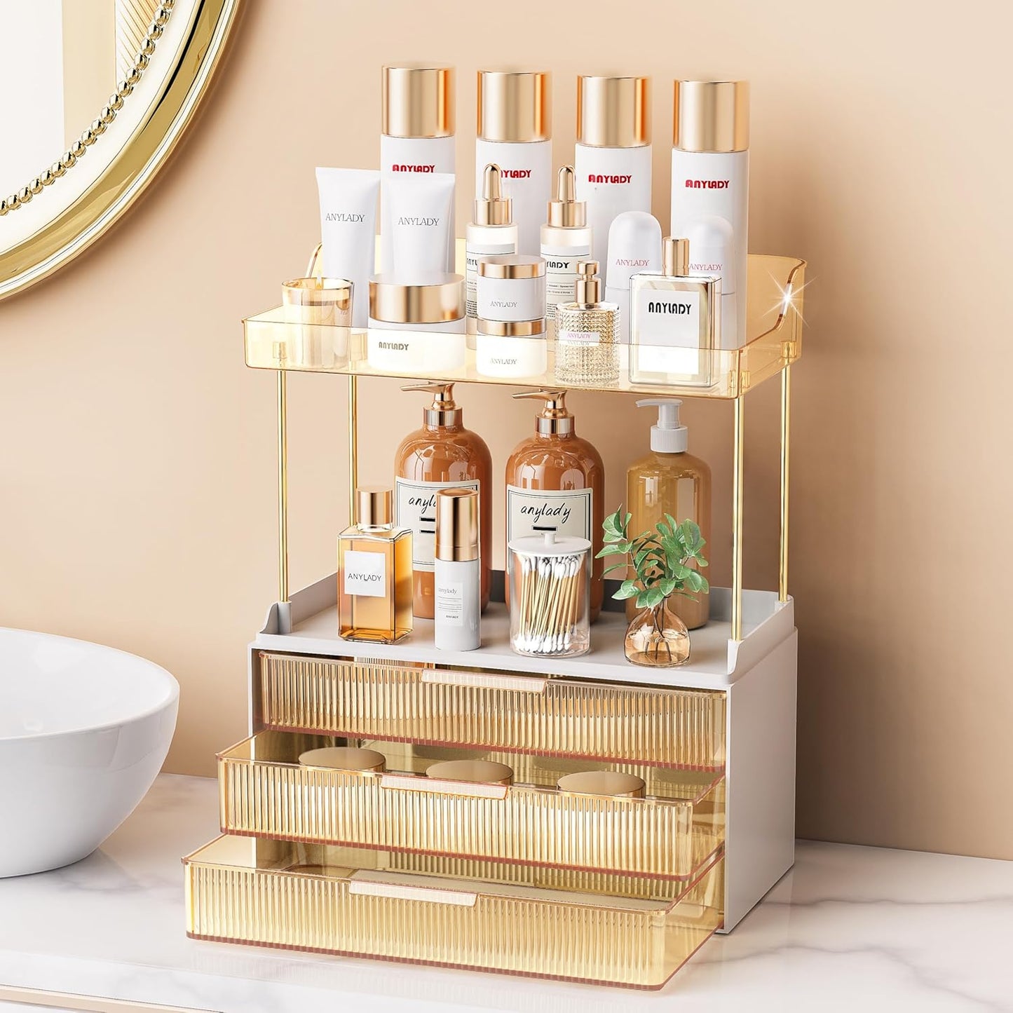 Bathroom Organizer - Sturdy Makeup Storage for Vanity & Countertop | Gold Cosmetic Dresser Organizer