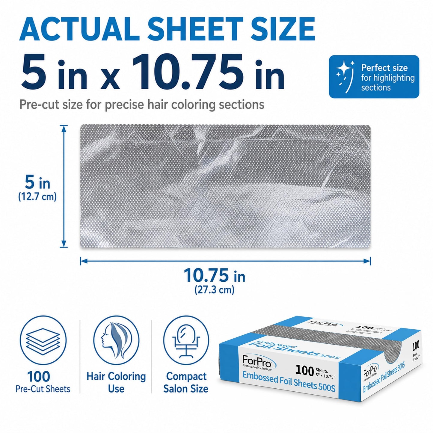 ForPro Professional Embossed Pop-Up Hair Foil Sheets for Salon Hair Color & Highlights, Pre-Cut Aluminum Foils, Non-Slip Embossed Texture, 5" W x 10.75" L, 100 Count