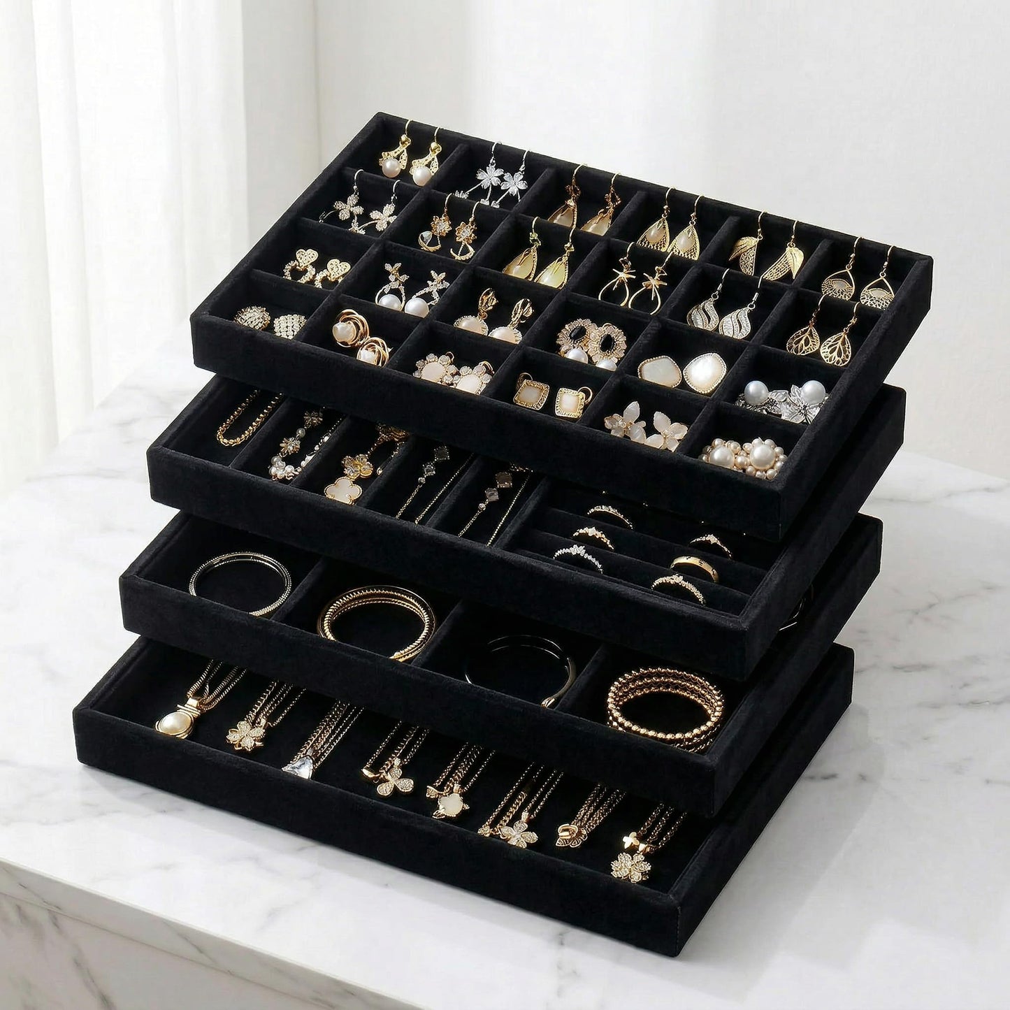 Velvet Jewelry Drawer Organizer Trays, 4-Layer Stackable Jewelry Storage Inserts Set, BLACK Jewelry Tray Set for Earrings, Rings, Necklaces and Bracelets, Removable Dividers for Dresser Drawer
