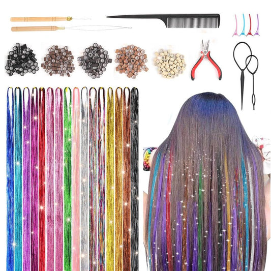 Hair Tinsel Kit with tools, 16 Colors Hair Tinsel Kit for Girls 7600 Strands Fairy Tinsels Hairs Extensions Glitter Heat Resistant Accessories for Girls Women Christmas New Year (COLOR:multicolour)