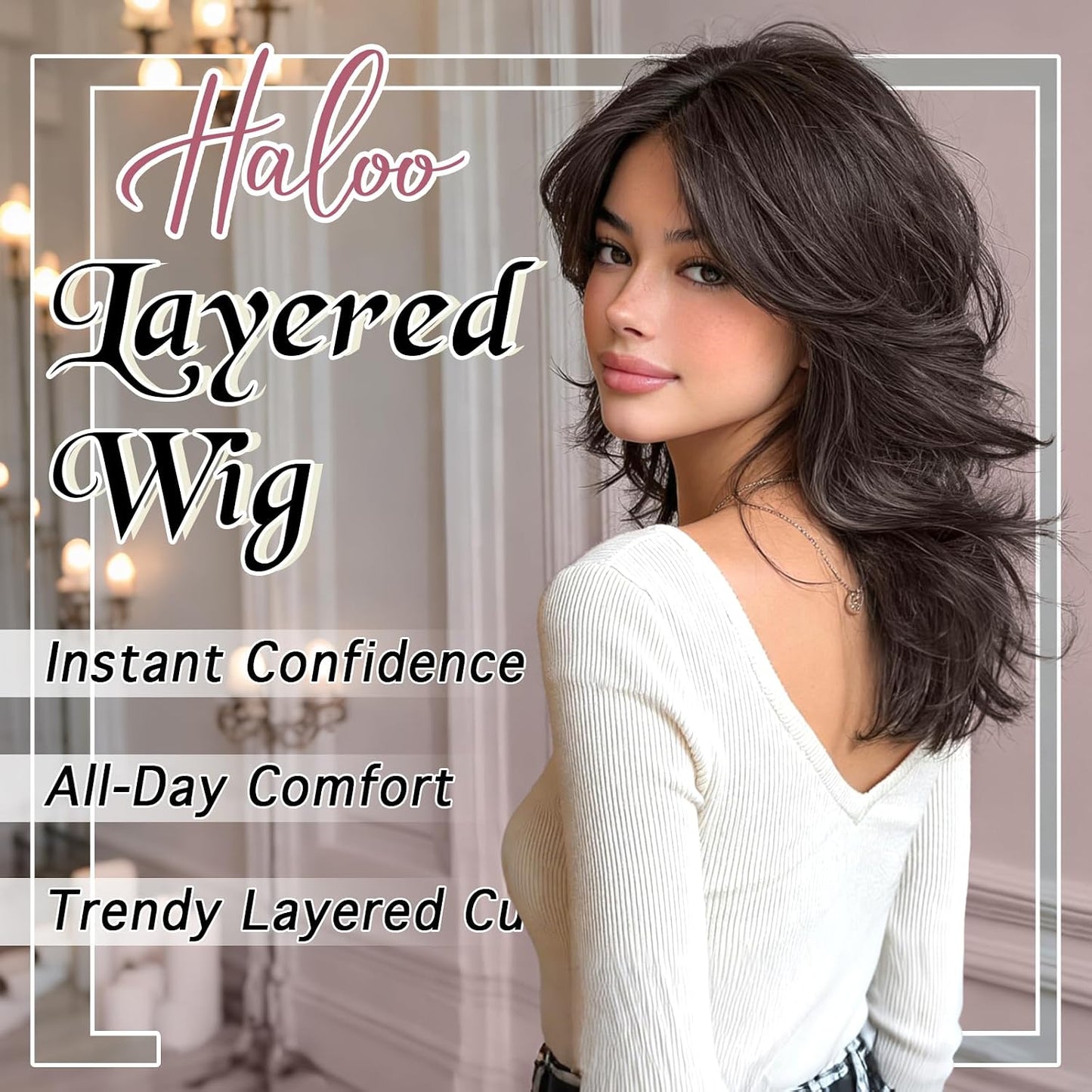 Brown Layered Wigs with Curtain Bangs - 20 Inch Long Wavy Synthetic Hair Wig for Women | Natural Looking Middle Part