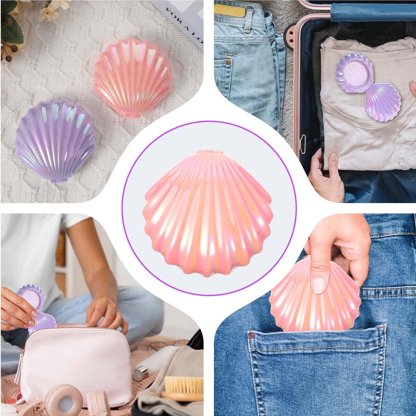 Foldable Travel Hair Brushes with Mirror, Shell Shape Pocket Brush Foldable Comb, Compact Size Hair Massage Comb, Portable Mini Makeup Mirror Set Gifts for Girls (Pink, Purple)