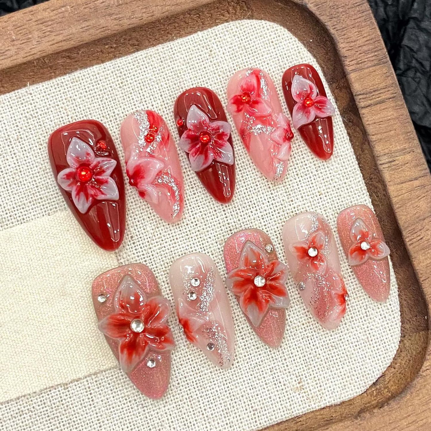 Pink Flower Press-On Nails - Medium Almond Floral Design with Rhinestones & Glitter | 24 Pcs Full Cover Acrylic Nails