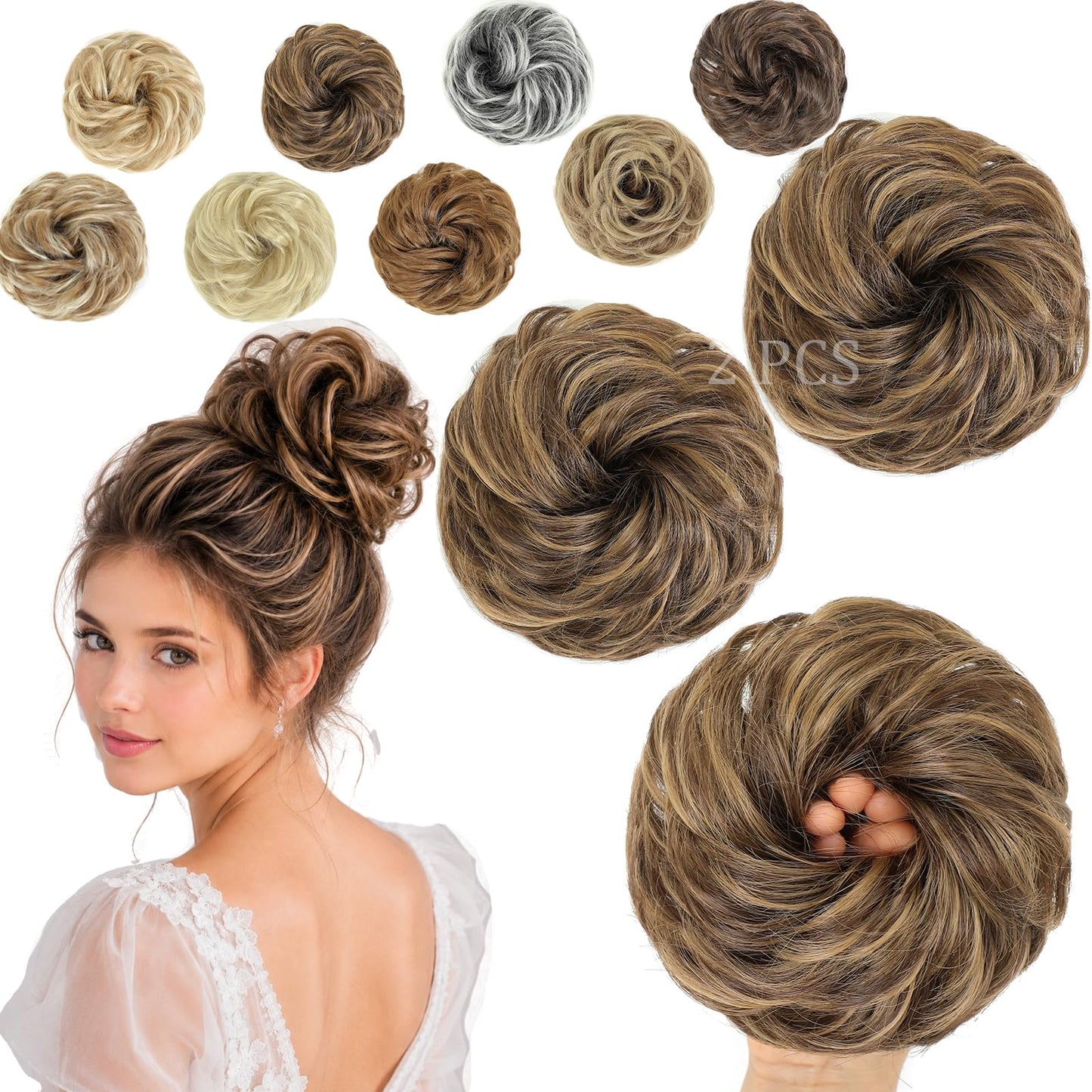 Amchoice Messy Bun Hair Piece 2 Pcs Elastic Wavy Curly Bun Hair Pieces for Women Instant Volume Lightweight Synthetic Chignon Hairpieces for Girls Daily Wear Party Travel(8H22#)