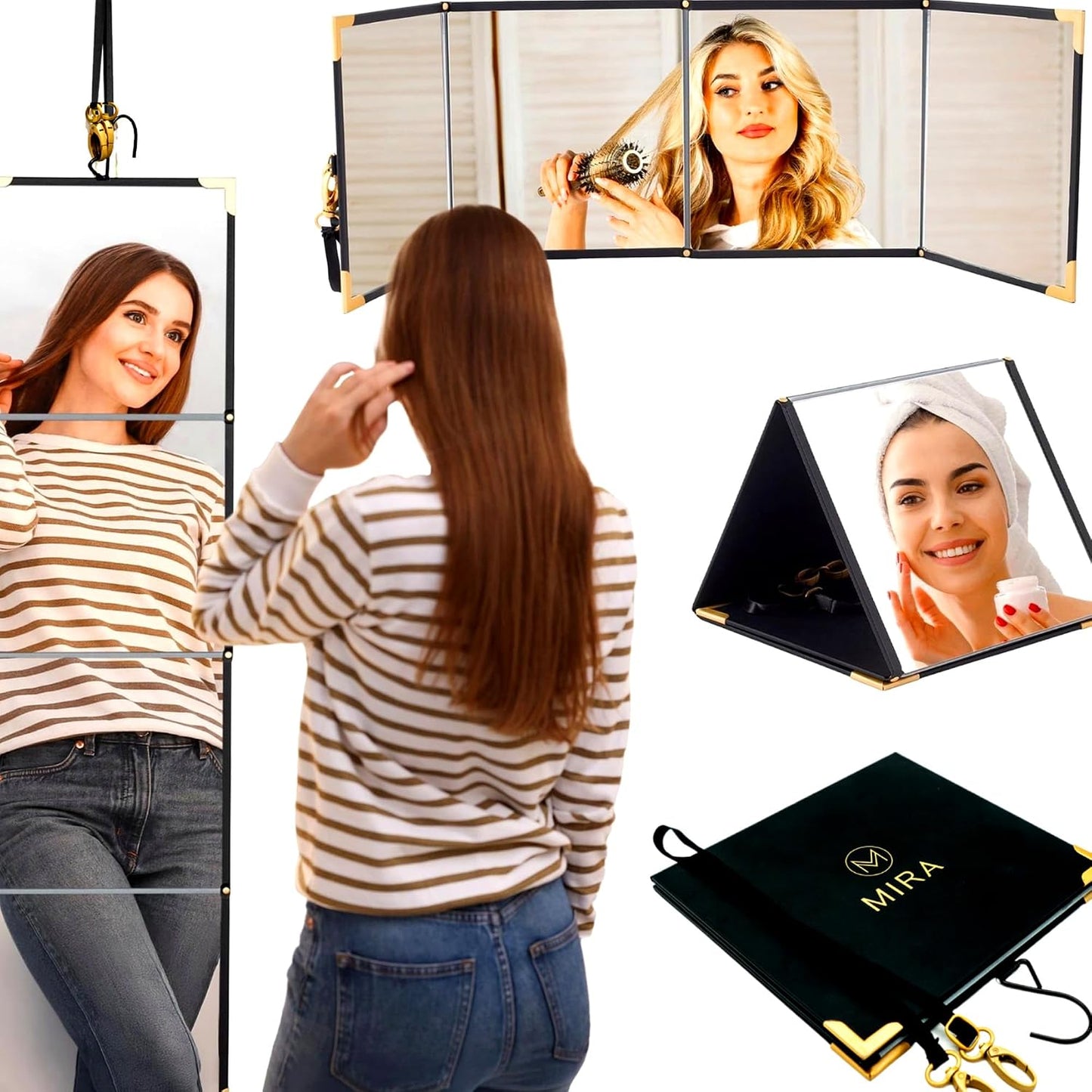 Folding Travel Makeup Mirror - 3-Way Portable Vanity & Full Length - Ideal for Outfits, Hair & Makeup | Perfect for Dance Bags & Camping