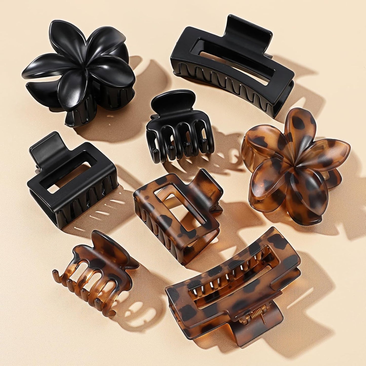 Matte Hair Clips for Women - 8 Pcs Strong Hold Non-Slip Claw Clips | Flower & Rectangle Styles in Deep Leopard