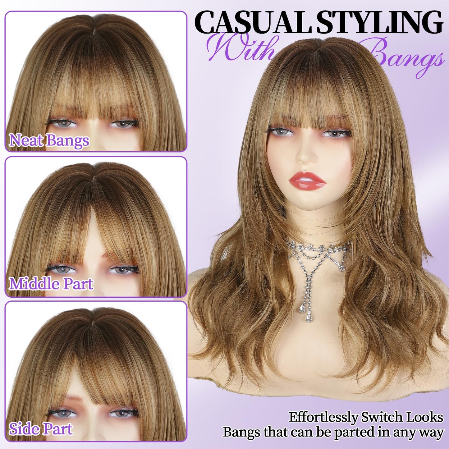 XIXIBI Light Brown Wig with Bangs for Women, Ombre Brown Mixed Blonde Highlights Layered Curly Wavy Wigs, Beginner Friendly 4x4 Realistic Scalp Synthetic Wigs for Daily Party Use 18Inch